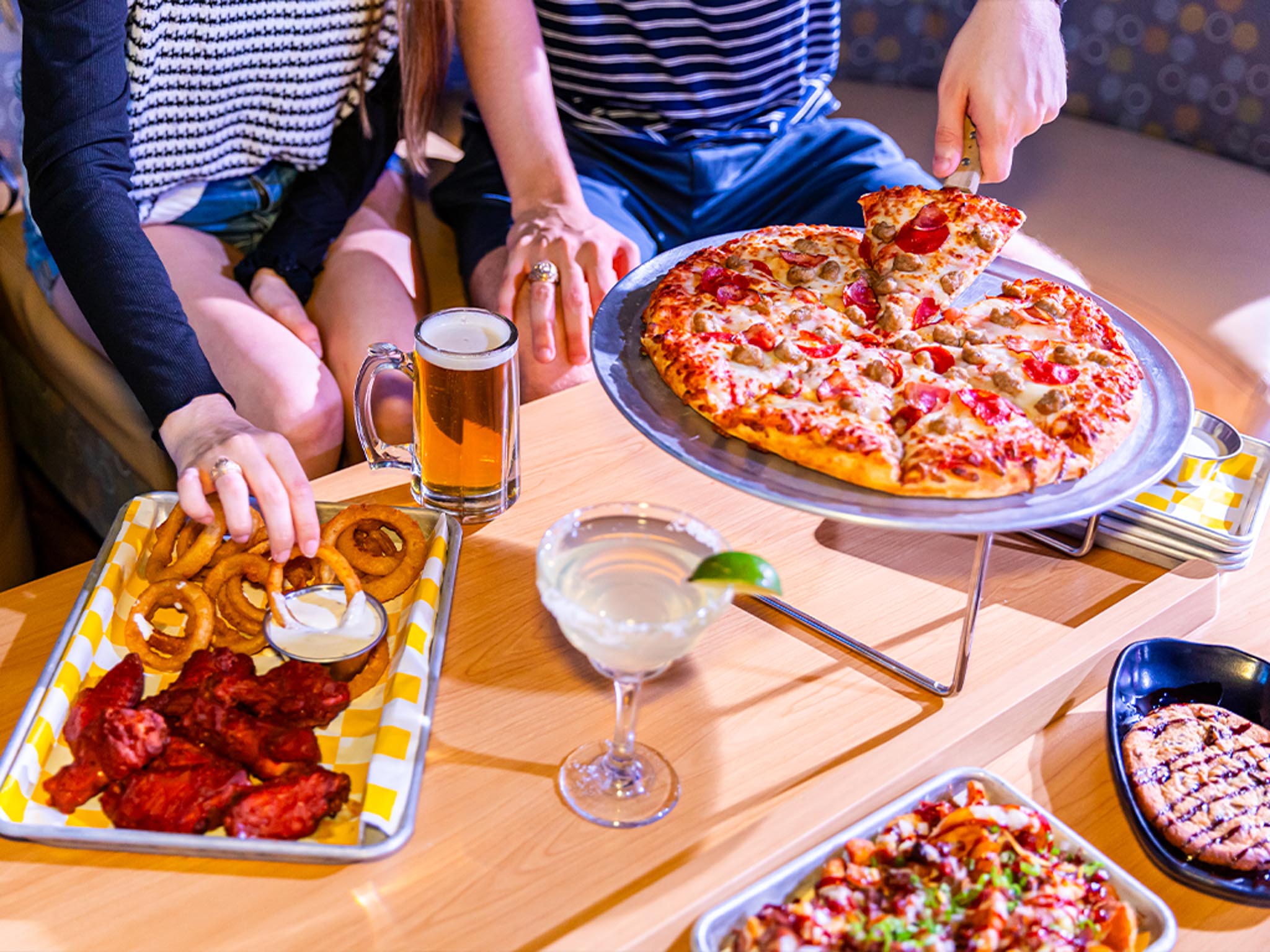 pizza and food on table